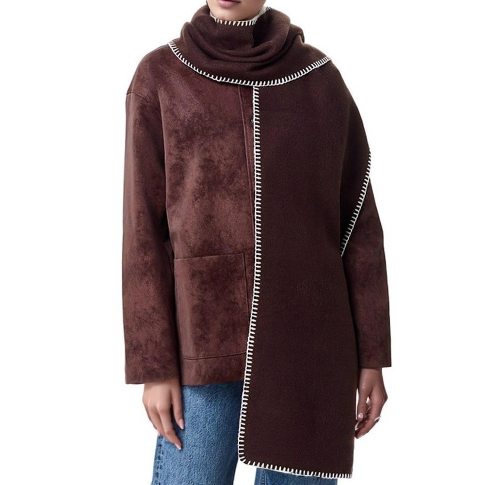 AQUA Women Scarf OS Choco Blanket Contrast Stitch Winter Wrap Shawl Cozy NWT
